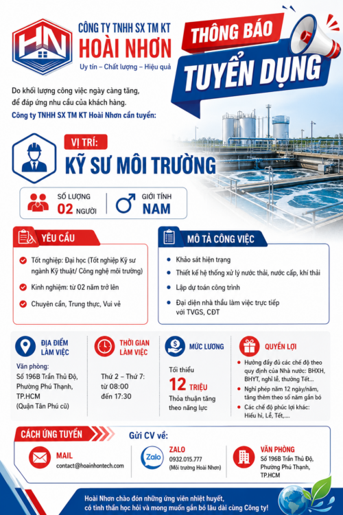 TUYỂN DỤNG KỸ SƯ MÔI TRƯỜNG | HOÀI NHƠN - Xử lý nước thải, khí thải sinh hoạt & công nghiệp, cung cấp thiết bị, giải pháp và tư vấn môi trường.
